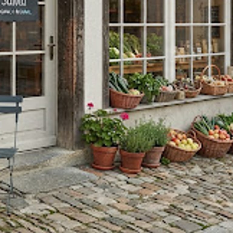 Der Laden von der Gasse aus: bepflanzte Töpfe und ein Bistrotisch mit Stuhl auf dem Kopfsteinpflaster vor der weissen Wand.